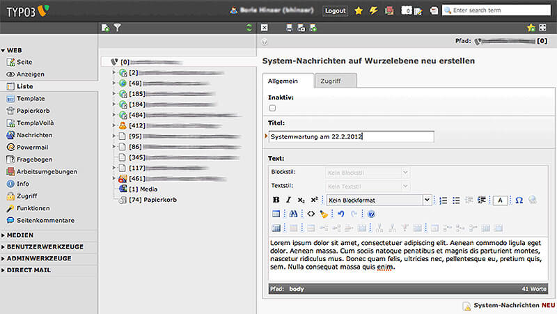 Backend des CMS TYPO3